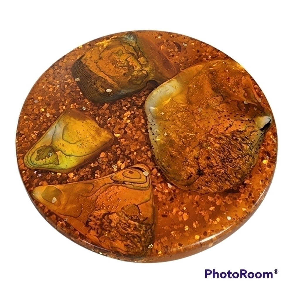 VINTAGE Orange Lucite Trivet Abalone Shell Hot Plate Pacific Ocean Shells 6.5".